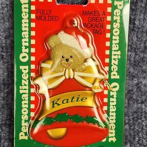 Vintage 1998 Stravina Personalized KATIE Christmas Ornament Gift Tag Bear Bell
